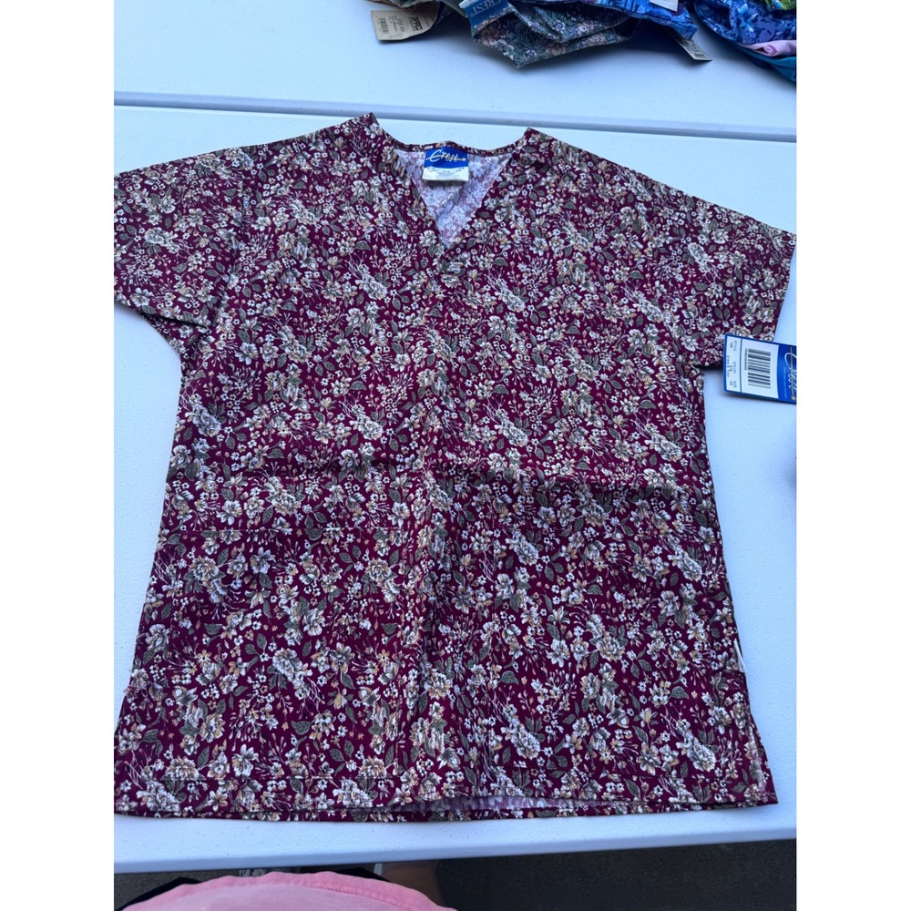 Crest Womens Floral Scrub Top V-Neck Short Sleeve Burgundy Medical Uniform XS